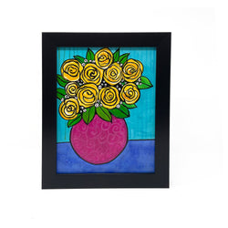 Original Yellow Rose Painting - Vase of Roses Still Life - Bright Happy Colors - Framed Acrylic Painting - Flower Wall Art - Claudine Intner