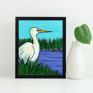 Great Egret Art Print - Wetlands Giclée - Wading Bird Art - Chesapeake Bay Inspired Wall Art - 8x10 print with optional mat