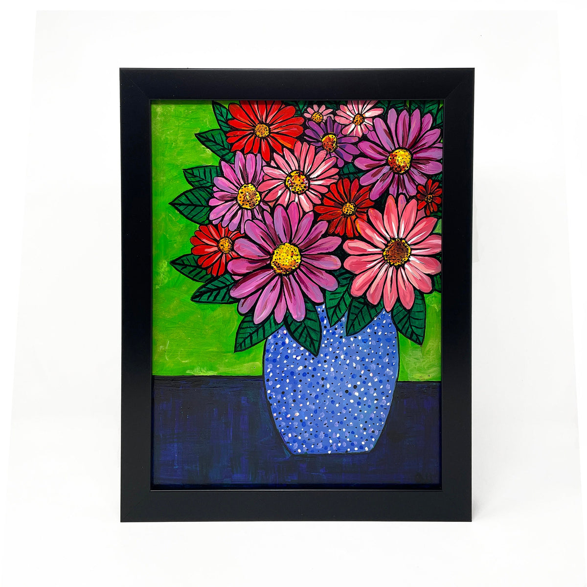 Original Gerbera Daisy Art - Colorful Acrylic Painting featuring Pink, Red, and Purple Flowers in Vase - Still Life - Framed Wall Art