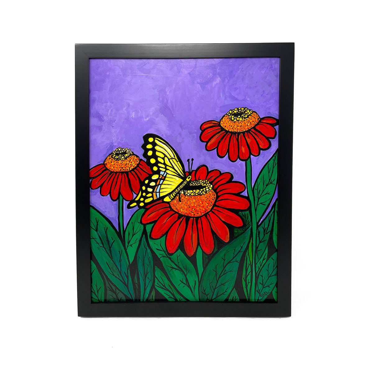 Original Swallowtail Painting - Colorful Swallowtail Butterfly with Zinnia Flowers - Framed Acrylic Painting - Pollinator Art - 11x14