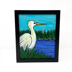 Original Great Egret Painting - Wading Bird Art - Chesapeake Bay - Framed Acrylic Bird Painting - 8x10  inches