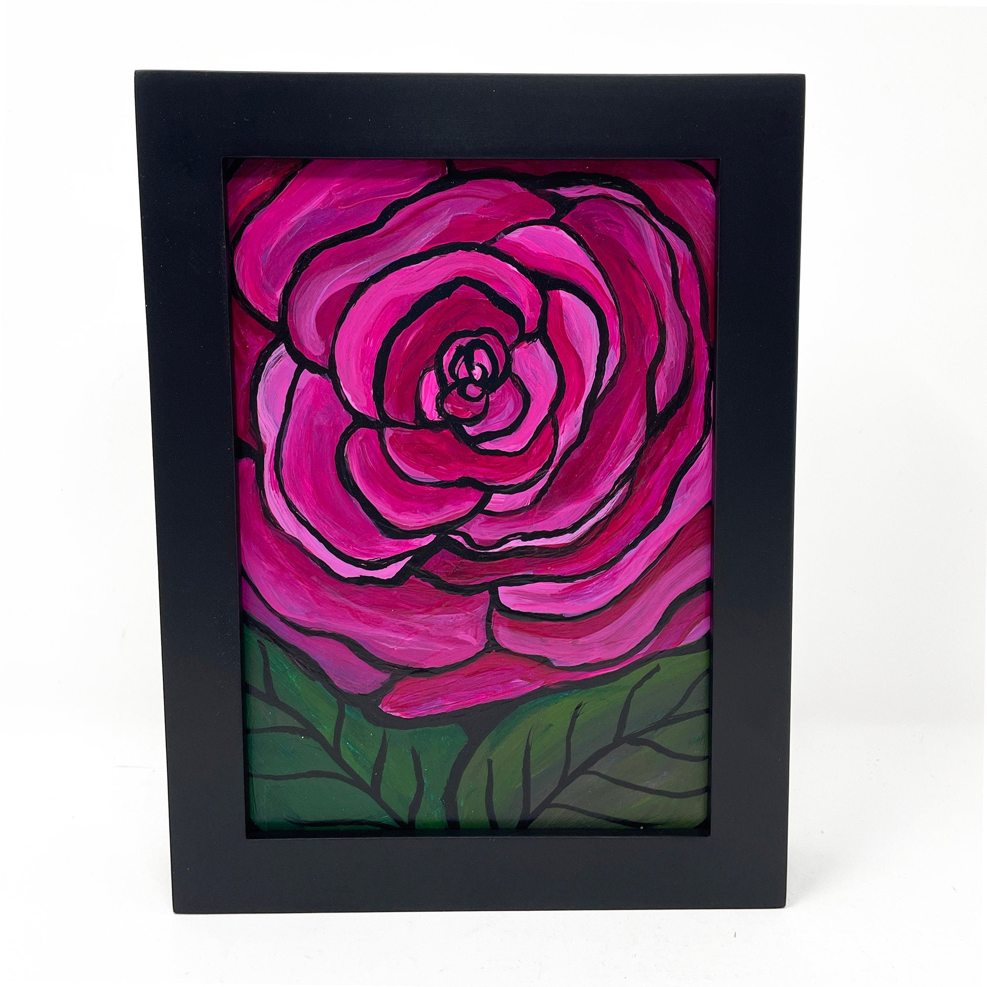 Blooming Ranunculus Painting - Framed Flower Art - 5 x 7 inches - Magenta Pink and Green