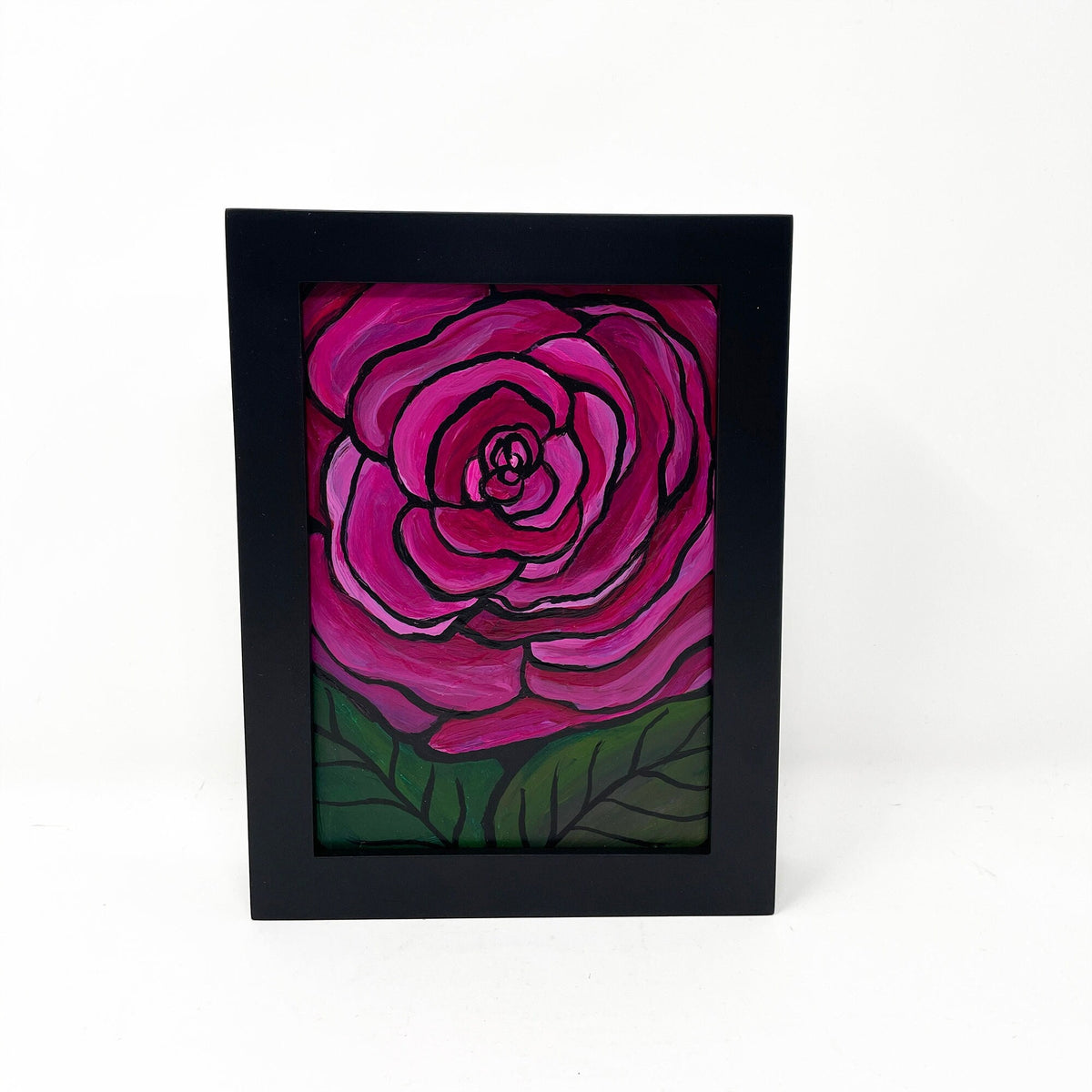 Blooming Ranunculus Painting - Framed Flower Art - 5 x 7 inches - Magenta Pink and Green