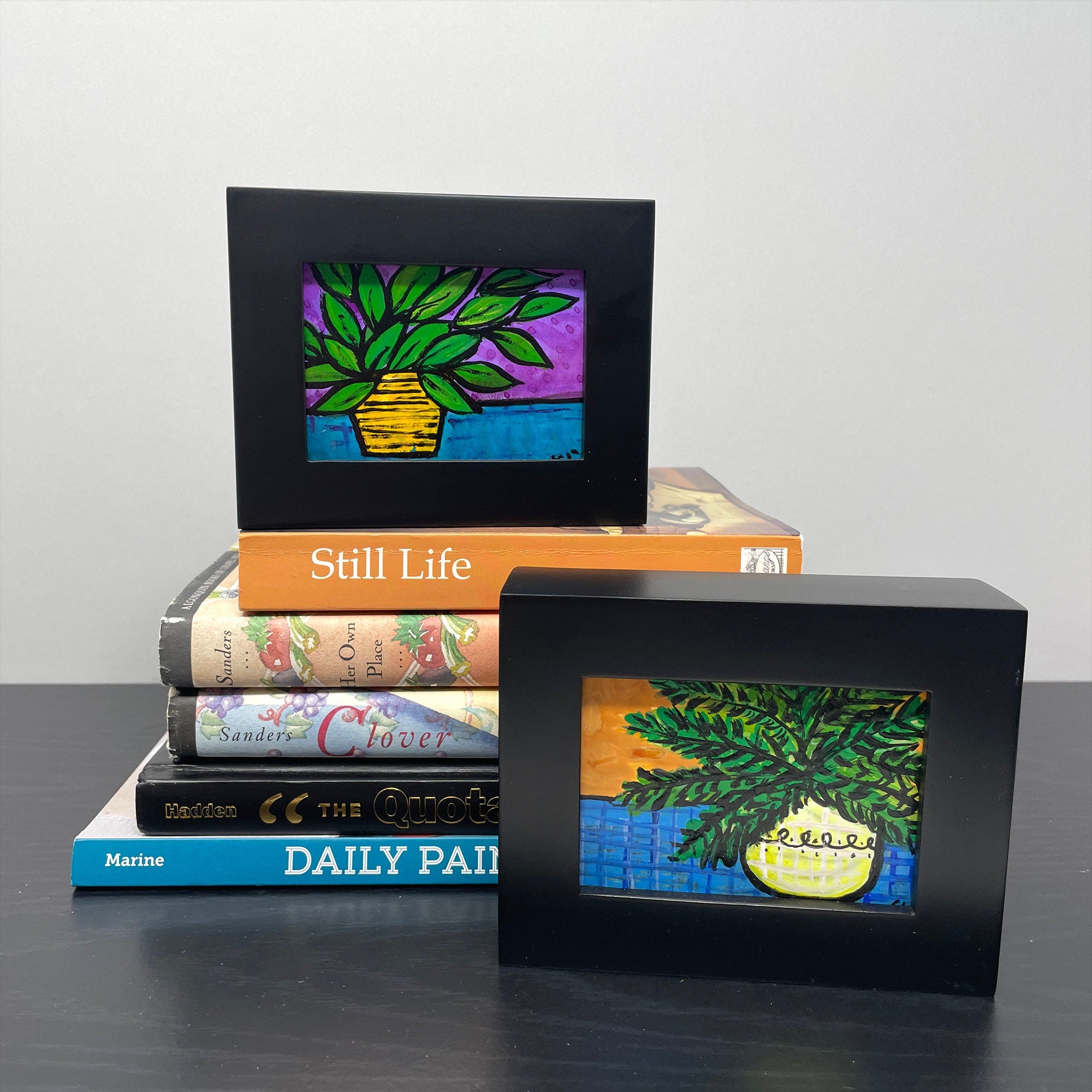 Pair of Mini Original Plant Paintings - Instant Collection for Wall, Desk, Shelf - Colorful Small Framed Art Set