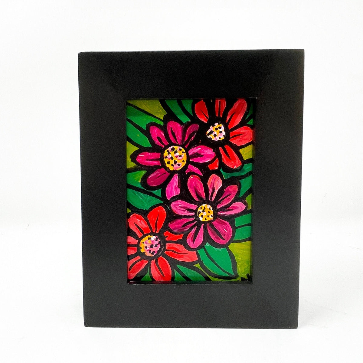 Small Framed Flower Painting - Mini Floral Art with Red, Pink, and Yellow Flowers - Original Desk Art, Wall Art, Bookshelf Art