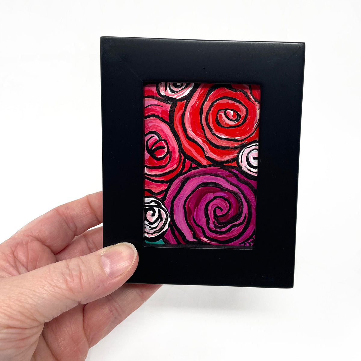 Tiny Rose Painting - Pink, Red, and Magenta Roses - Framed Flower Art for Desk, Bookshelf, Wall - Mini Abstract Rose Art