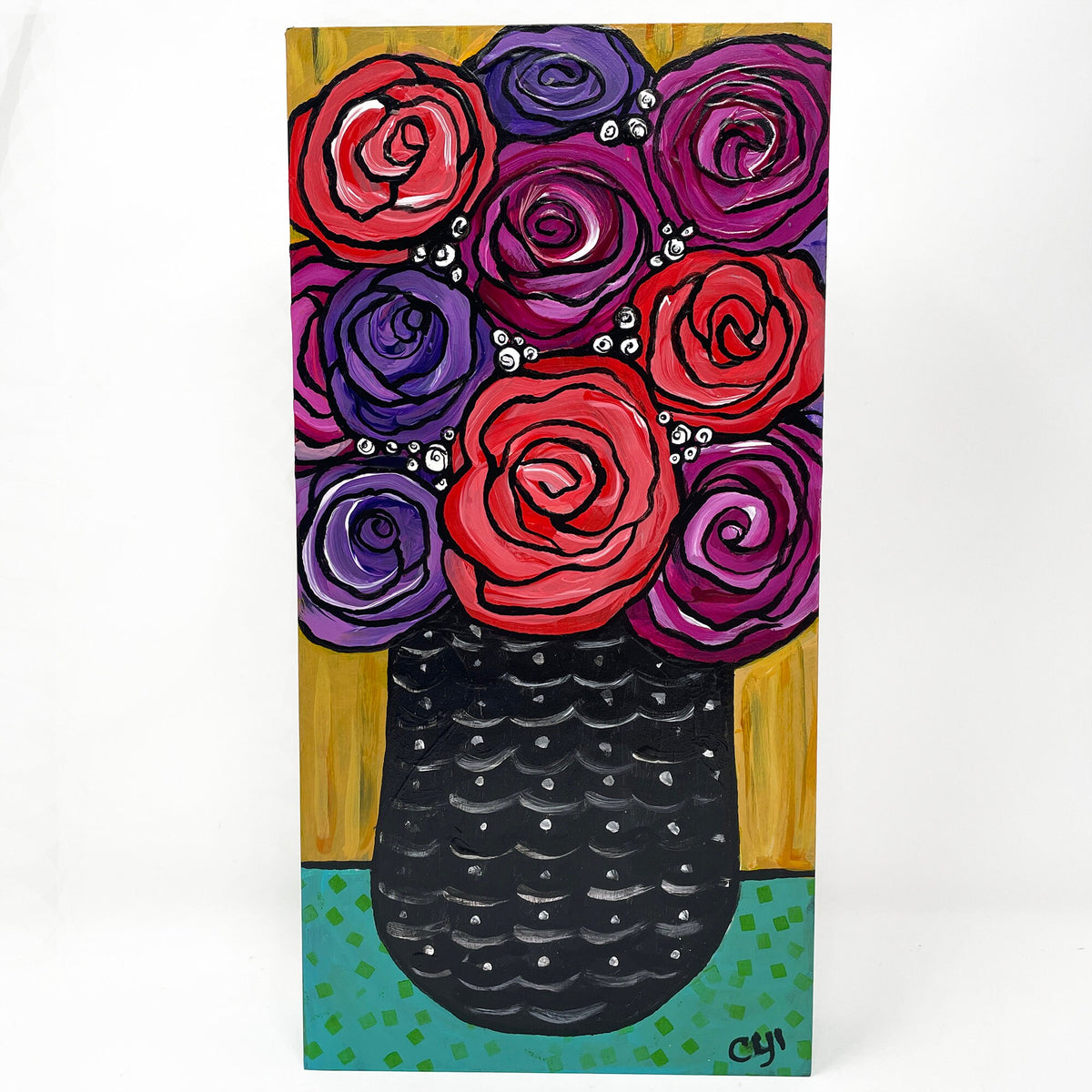 Whimsical Rose Painting - Original Floral Still Life Art - Vase of Roses - Cheerful Happy Flowers - Bold Colors - 6x12 Inches