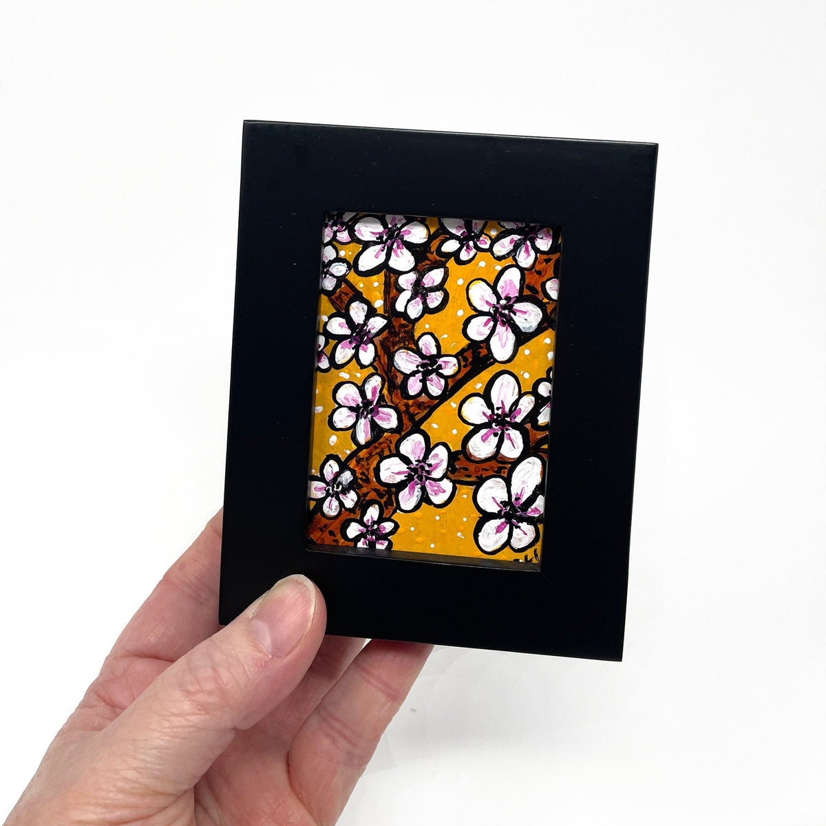 Original Mini Cherry Blossom Painting - Small Cherry Tree Art for Desk, Table, Shelf or Wall - Framed Miniature Floral Painting