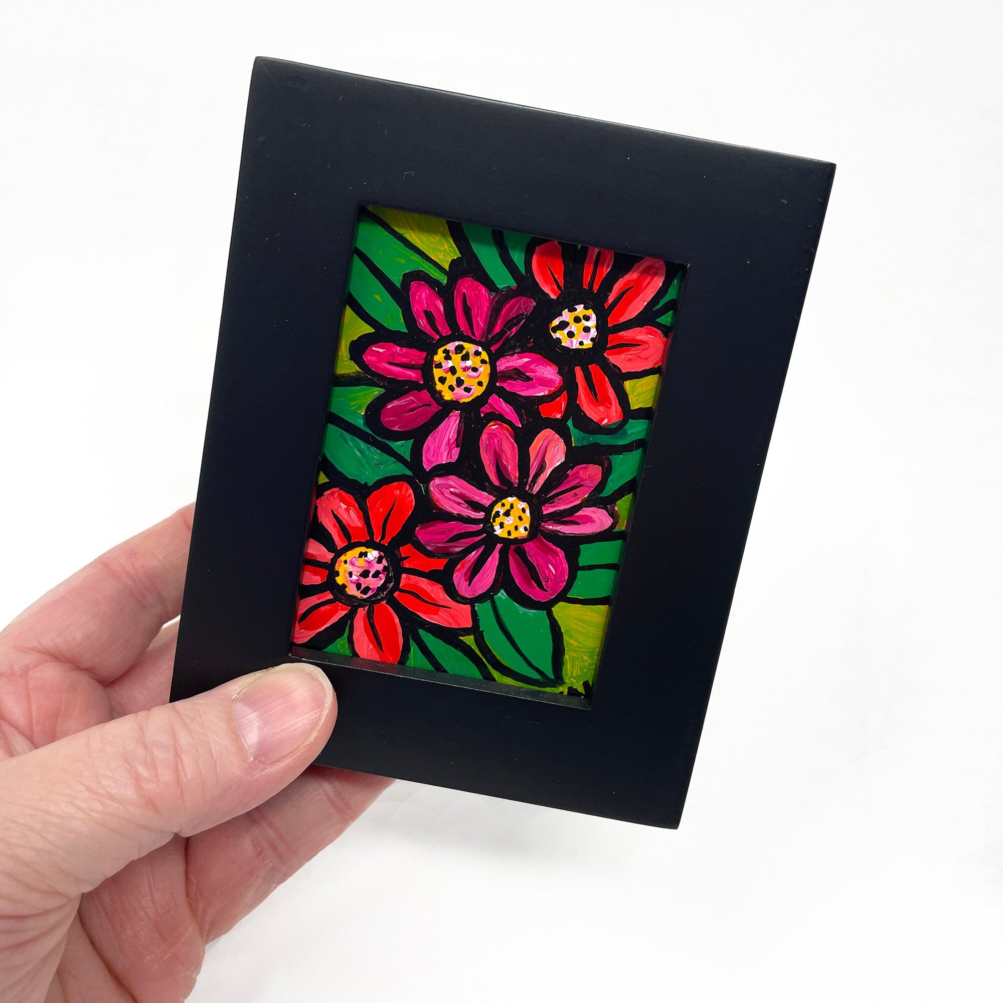 Small Framed Flower Painting - Mini Floral Art with Red, Pink, and Yellow Flowers - Original Desk Art, Wall Art, Bookshelf Art