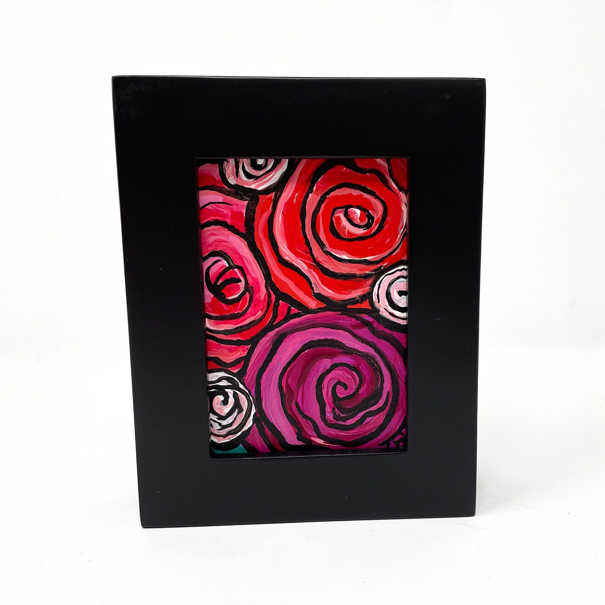 Tiny Rose Painting - Pink, Red, and Magenta Roses - Framed Flower Art for Desk, Bookshelf, Wall - Mini Abstract Rose Art