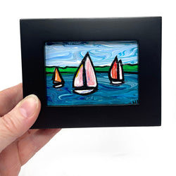 Mini Sailboat Painting in Black Frame - Small Chesapeake Bay Inspired Bayscape, Seascape - ACEO Painting
