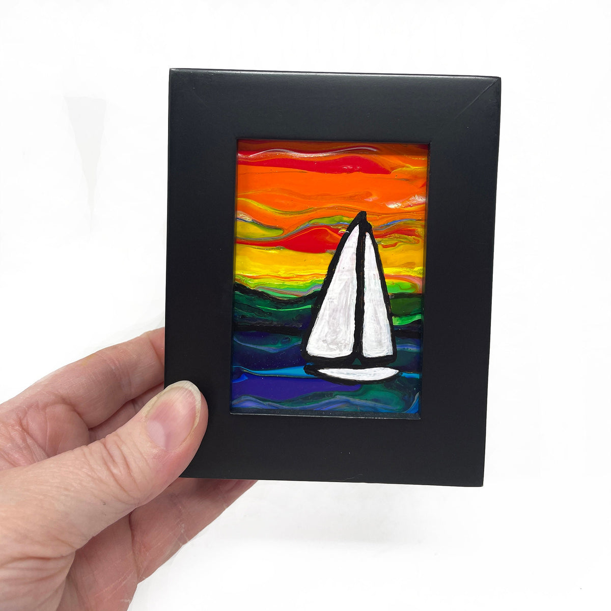 Small Sunset Sailboat Painting in Black Frame - Colorful Nautical Art for Wall, Table, or Desk - Paint Poured Acrylic Painting