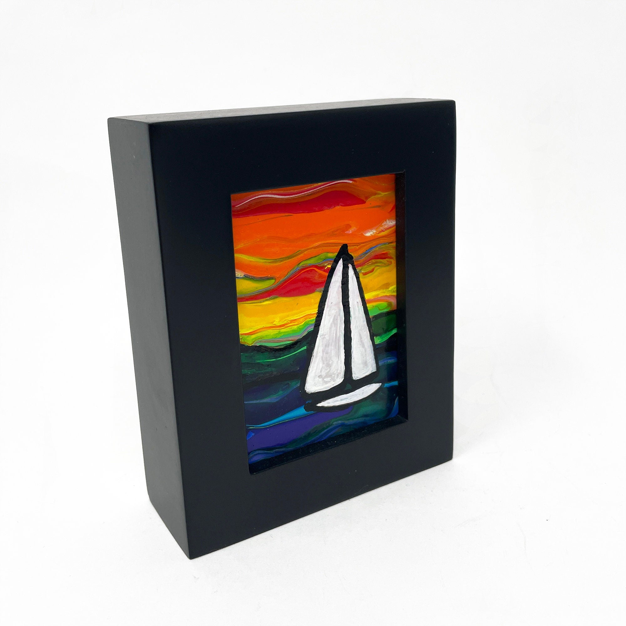 Small Sunset Sailboat Painting in Black Frame - Colorful Nautical Art for Wall, Table, or Desk - Paint Poured Acrylic Painting