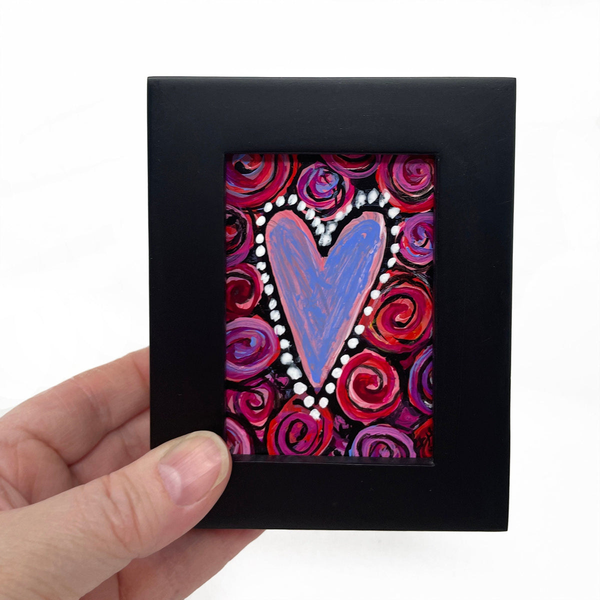 Small Original Heart Painting with Roses - Mini Love Art - Gift for Valentine's Day or Anniversary - Miniature Framed Painting