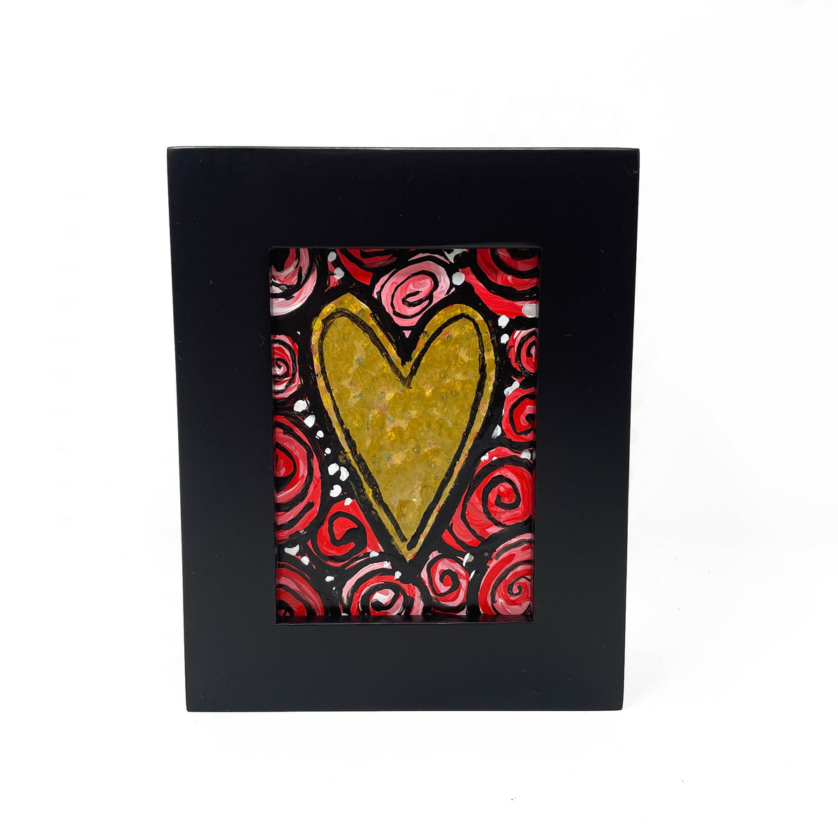 Framed Rose Heart Mini Painting - Original Red and Gold Heart Miniature Art - Valentine's Day, Anniversary, or Love Gift