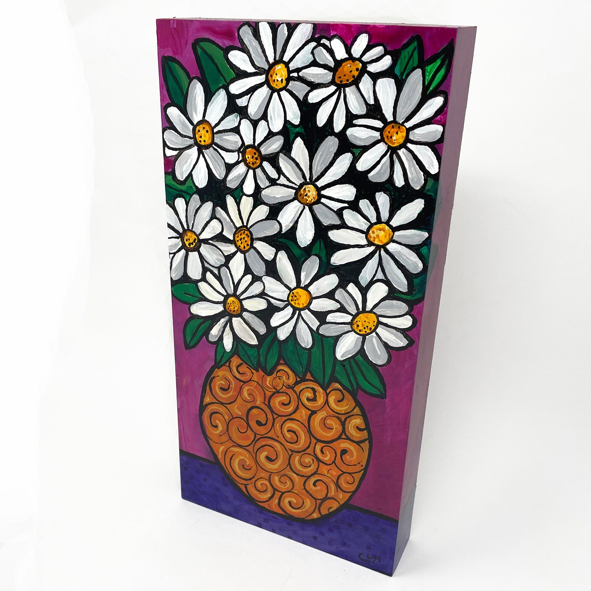 Whimsical Daisy Still Life Painting - Original Flower Art - Cheerful Happy Floral Art - Bold Colors - 6x12 Inches