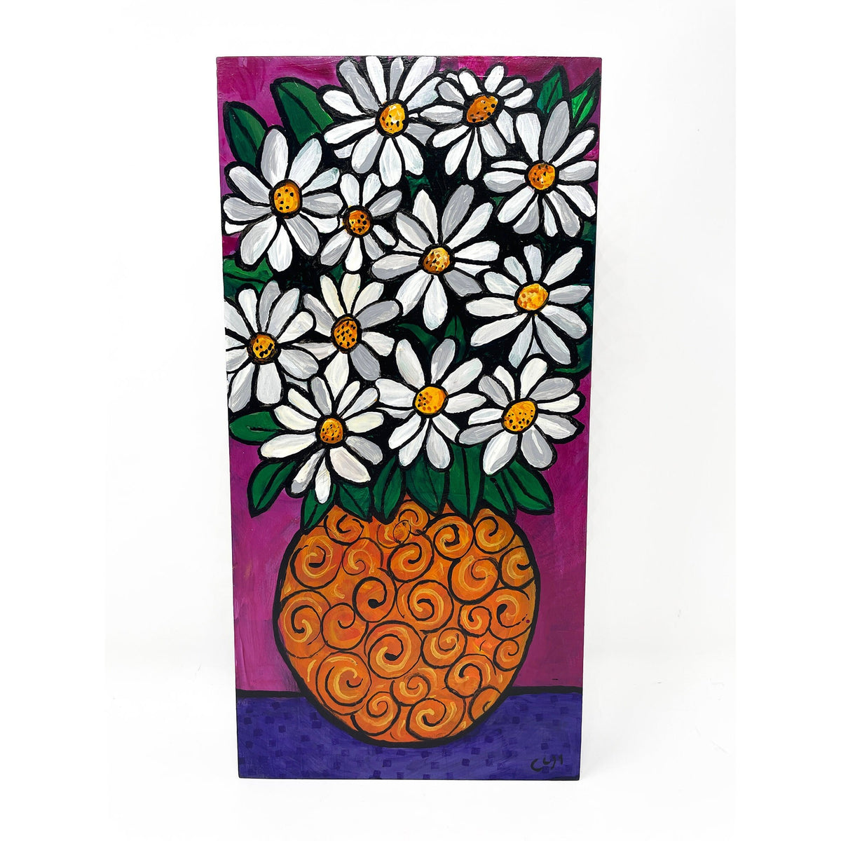 Whimsical Daisy Still Life Painting - Original Flower Art - Cheerful Happy Floral Art - Bold Colors - 6x12 Inches