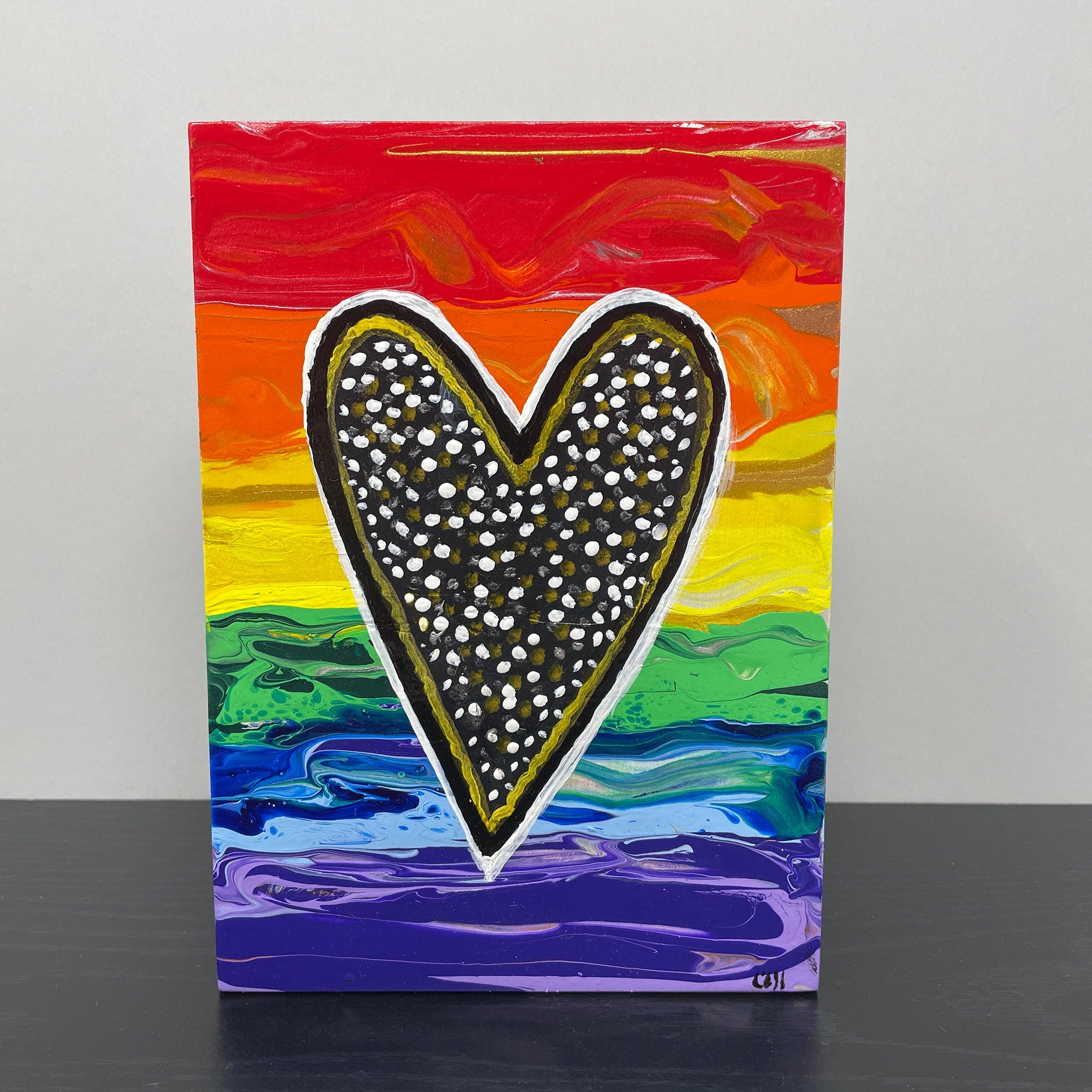 Rainbow Heart Painting - Love is Love Art - Original Acrylic Paint Pour Painting