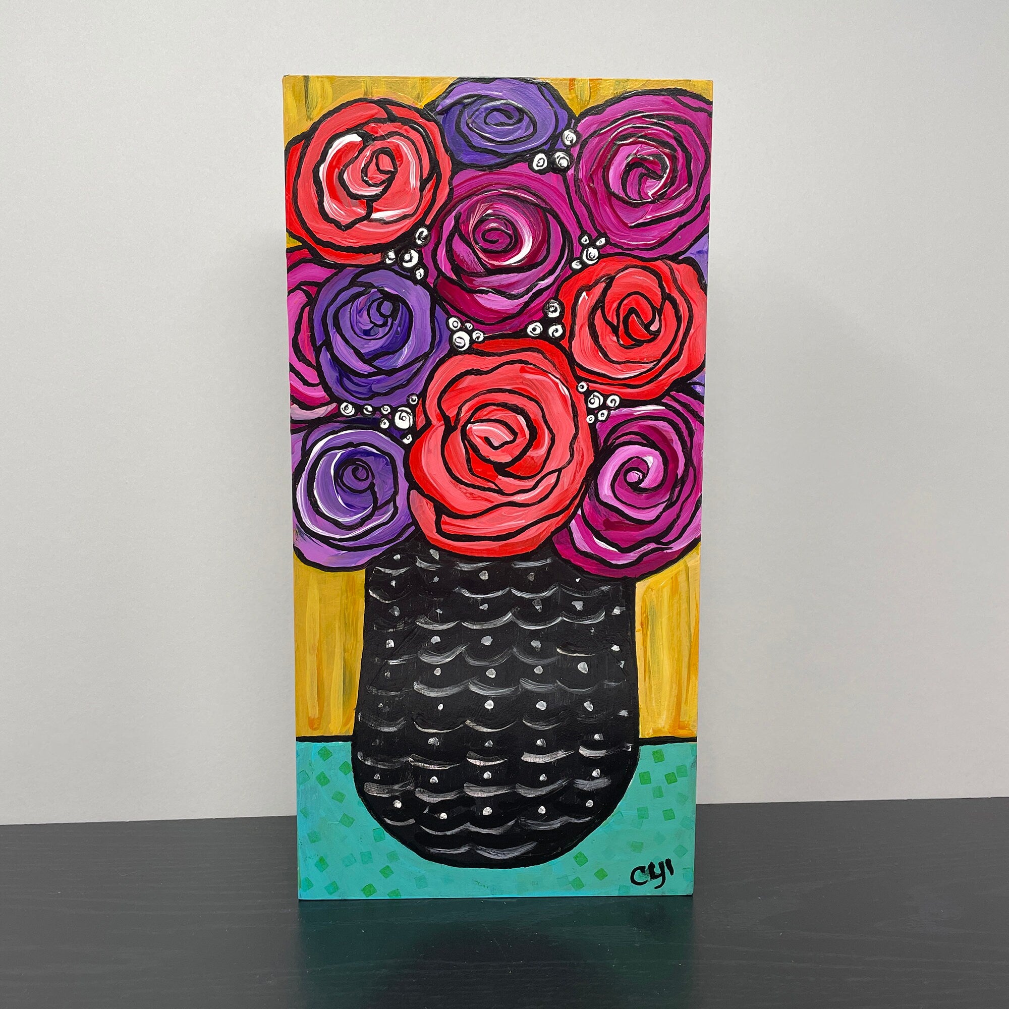 Whimsical Rose Painting - Original Floral Still Life Art - Vase of Roses - Cheerful Happy Flowers - Bold Colors - 6x12 Inches