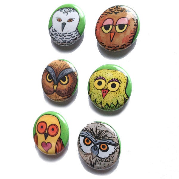 Owl Magnets or Pin Back Buttons Set