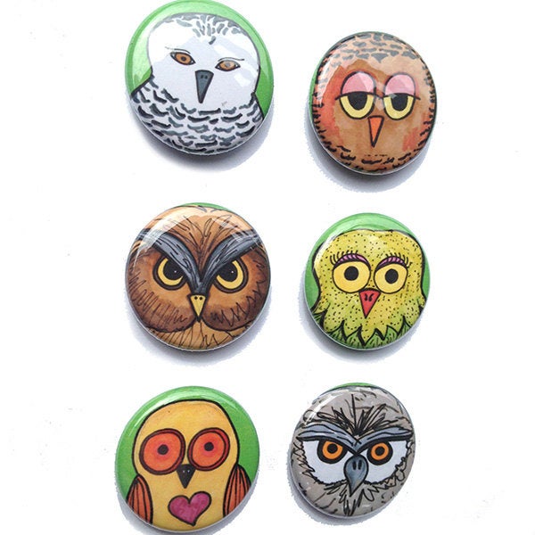 Owl Magnets or Pin Back Buttons Set