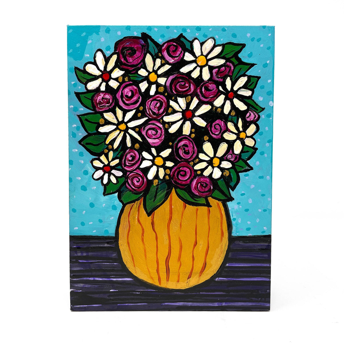 Flower Still Life - Original Acrylic Painting featuring Bouquet of Roses and Daises in Gold Vase - Colorful Floral Painting