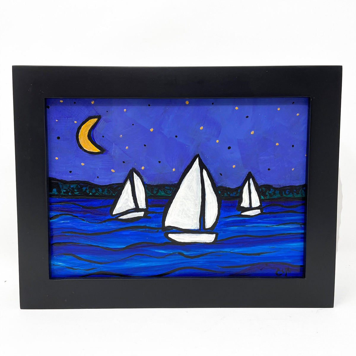 Original Sail Boat Painting - Night Sail Acrylic Painting - 5x7 inches - Framed Nautical Art - Vivid Colors