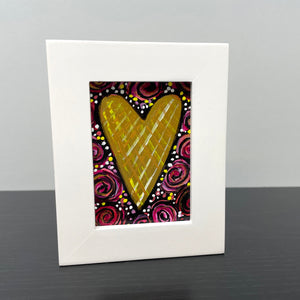 Small Gold Heart Art - Mini Heart Painting in White Frame with Roses - Gift for Her, Anniversary, Valentine's Day, Birthday Love
