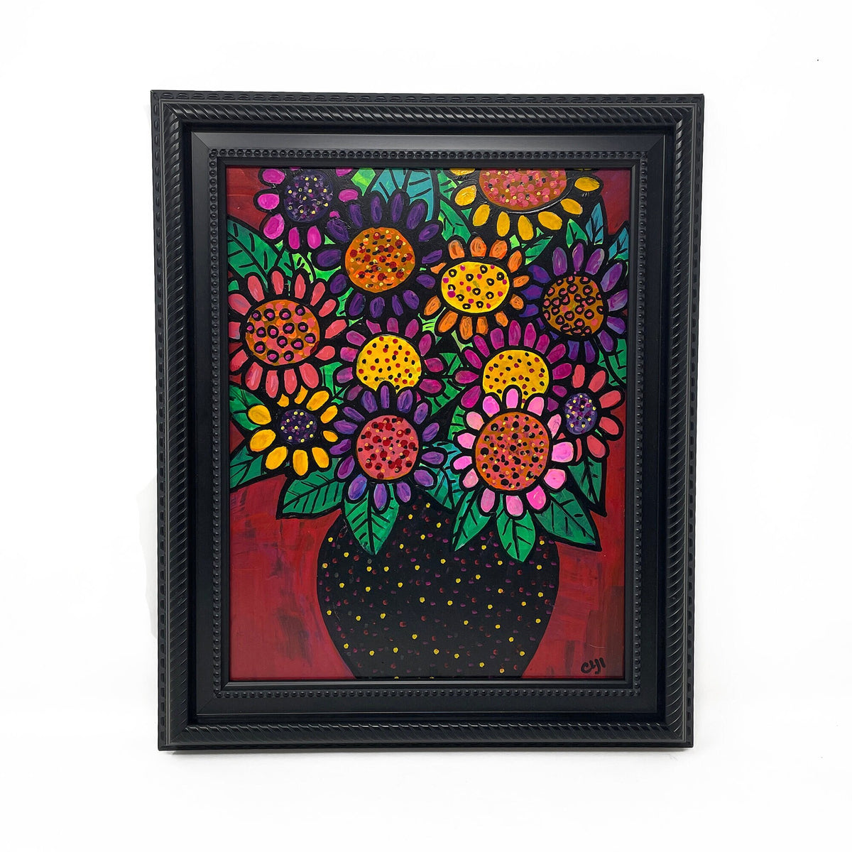 Whimsical Abstract Flower Painting - Original Contemporary Art - Colorful Floral Still Life in Red, Yellow, Purple, Orange, Green, Black
