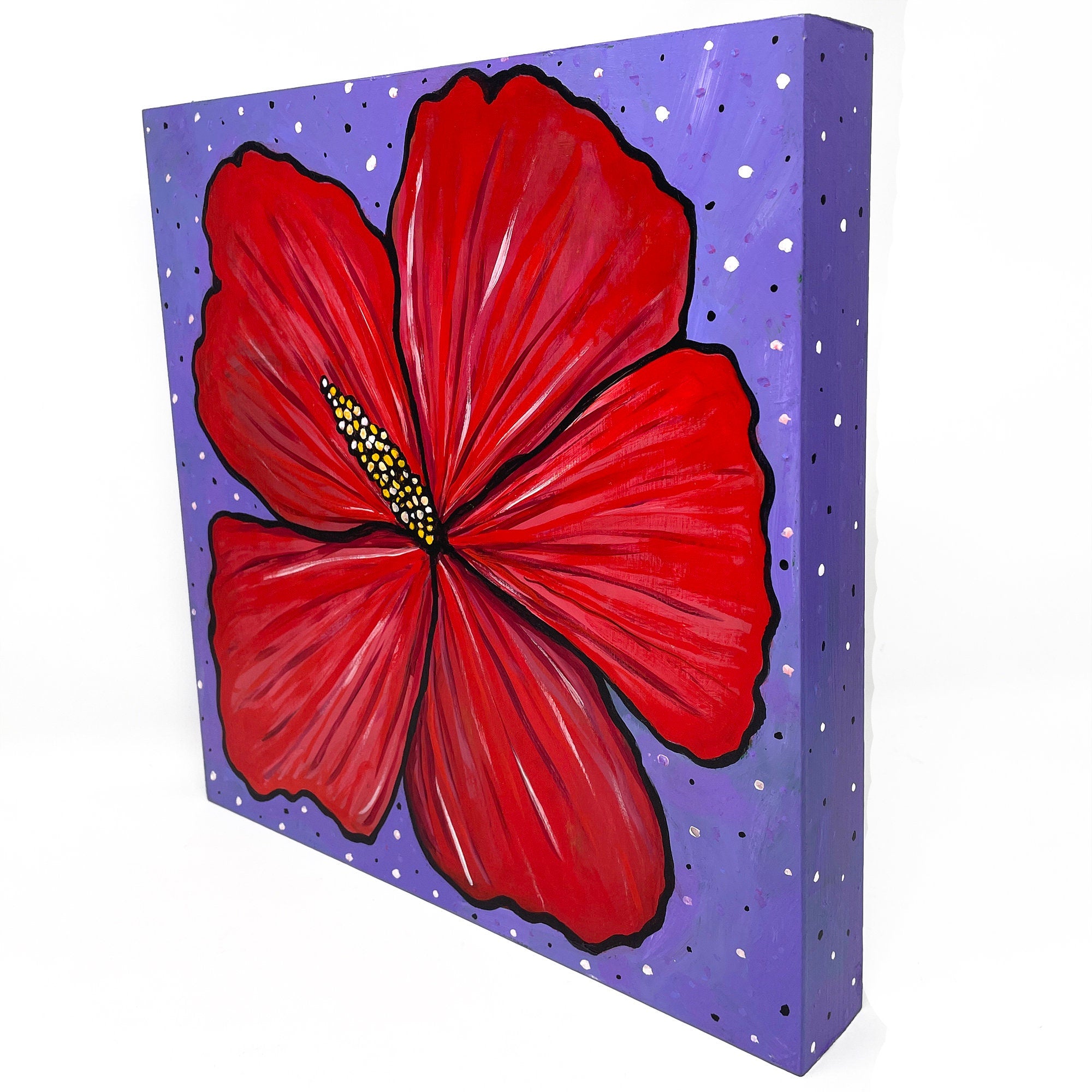 Red Hibiscus Flower Painting - Original Square Floral Art - Red, Purple, and Yellow - 12 x 12 inches