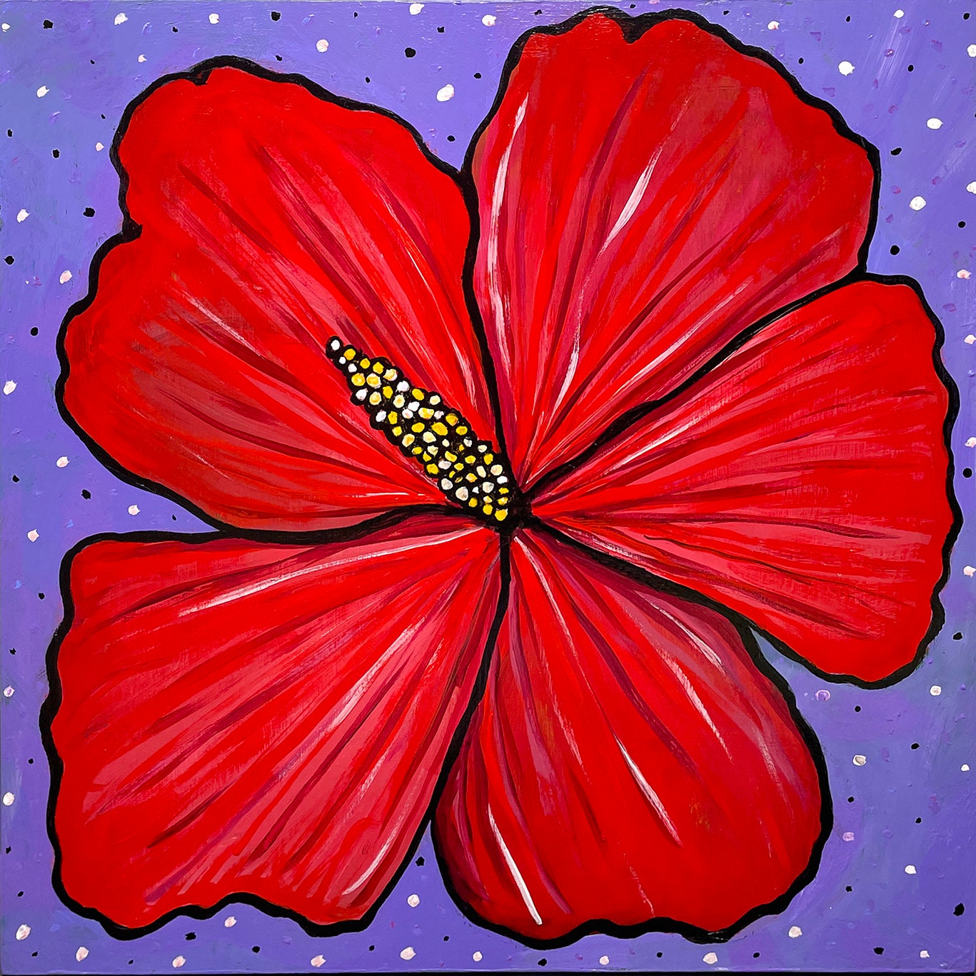 Red Hibiscus Flower Painting - Original Square Floral Art - Red, Purple, and Yellow - 12 x 12 inches