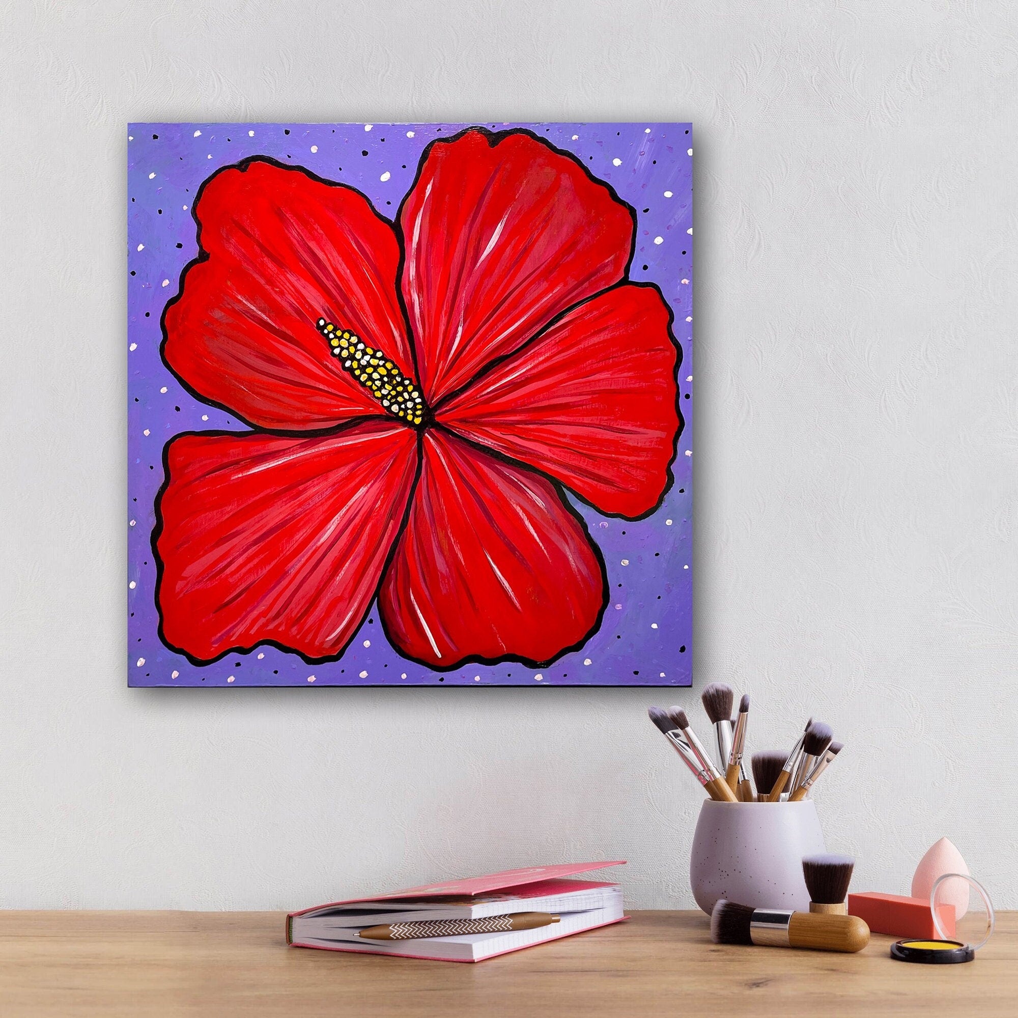 Red Hibiscus Flower Painting - Original Square Floral Art - Red, Purple, and Yellow - 12 x 12 inches