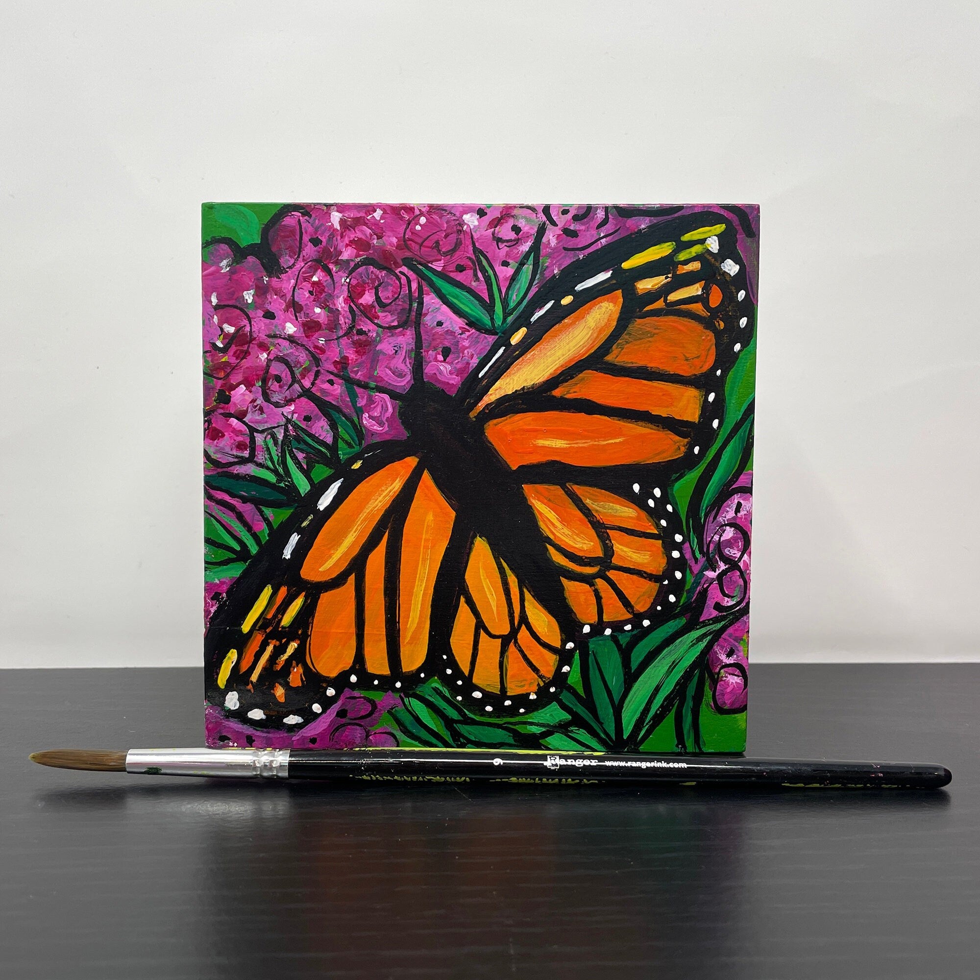 Monarch Butterfly Painting - Butterfly on Pink Milkweed Plant - Small Square Painting - 5x5 Inches - Ready to Hang