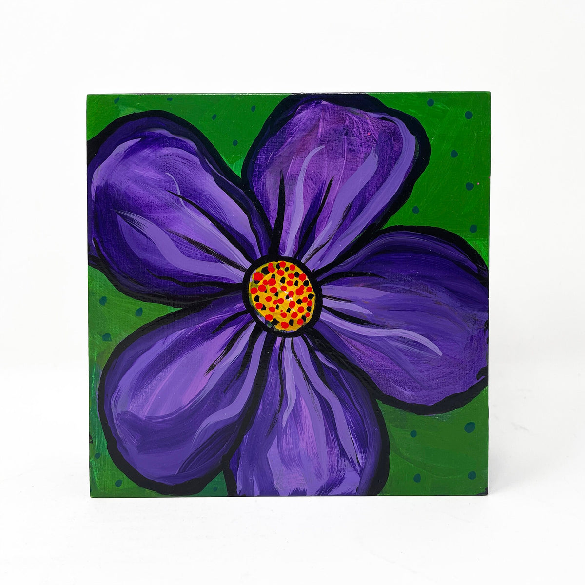Purple Flower Painting - Purple and Green Small Square Art - 5x5 Inches - Ready to Hang