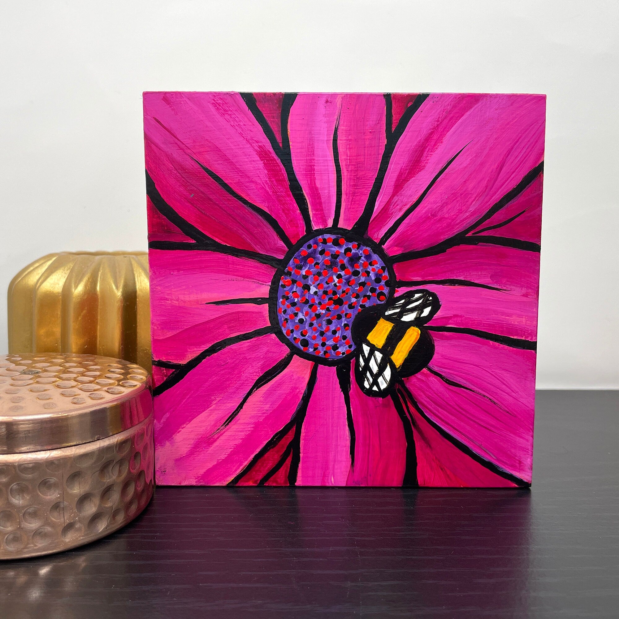 Bumblebee Painting - Bumble Bee on Magenta and Purple Zinnia Flower - Pollinator, Honey Bee, Square Art