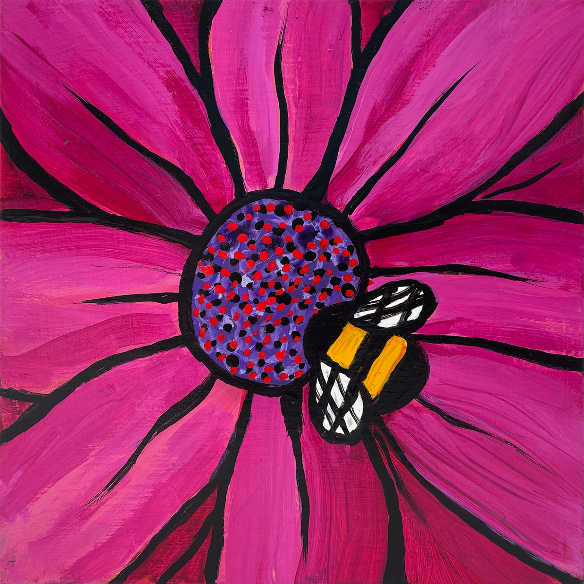 Bumblebee Painting - Bumble Bee on Magenta and Purple Zinnia Flower - Pollinator, Honey Bee, Square Art