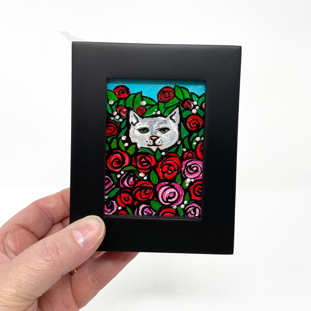 Mini Cat Painting - Small Rose Kitty Art in Frame - Cute Cat Lover Gift - Gray and White Cat with Flowers, Rose Bush - Animal Art