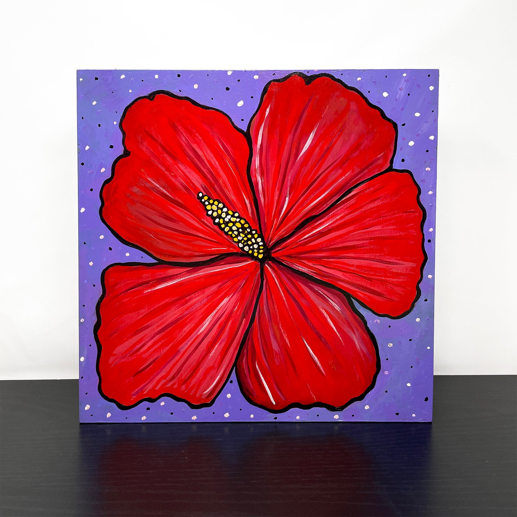 Red Hibiscus Flower Painting - Original Square Floral Art - Red, Purple, and Yellow - 12 x 12 inches