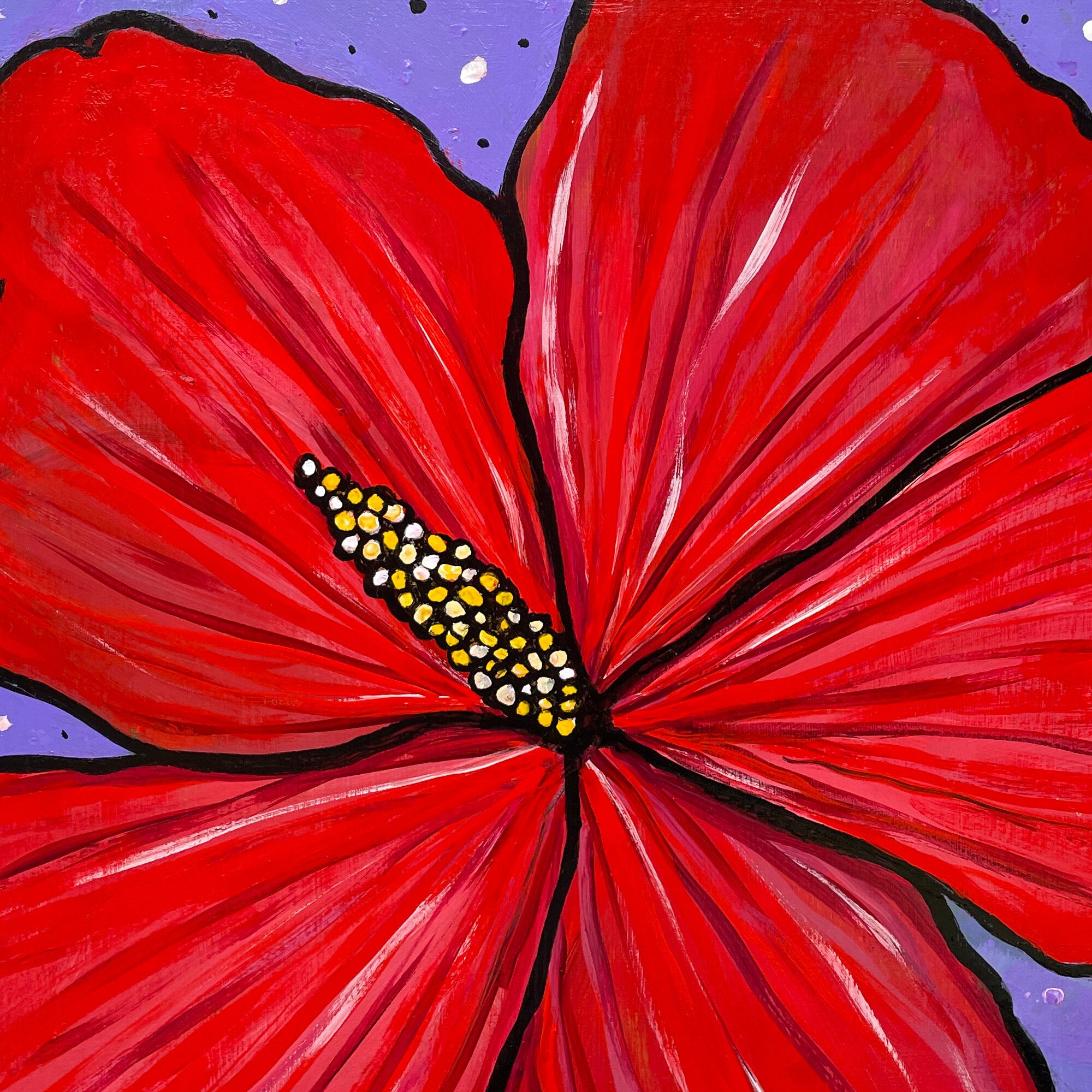 Red Hibiscus Flower Painting - Original Square Floral Art - Red, Purple, and Yellow - 12 x 12 inches