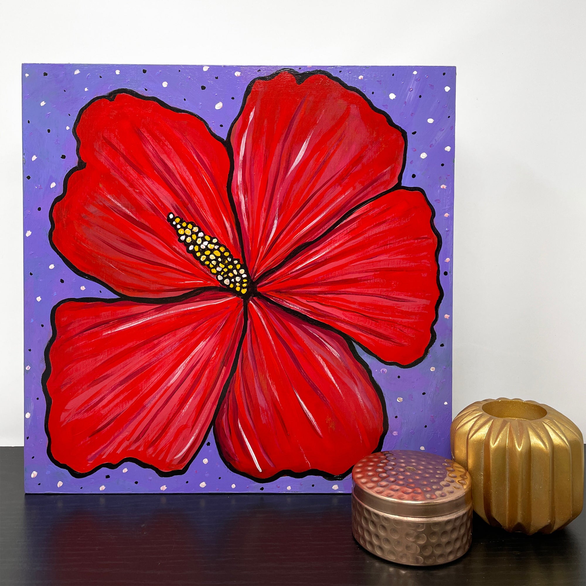 Red Hibiscus Flower Painting - Original Square Floral Art - Red, Purple, and Yellow - 12 x 12 inches