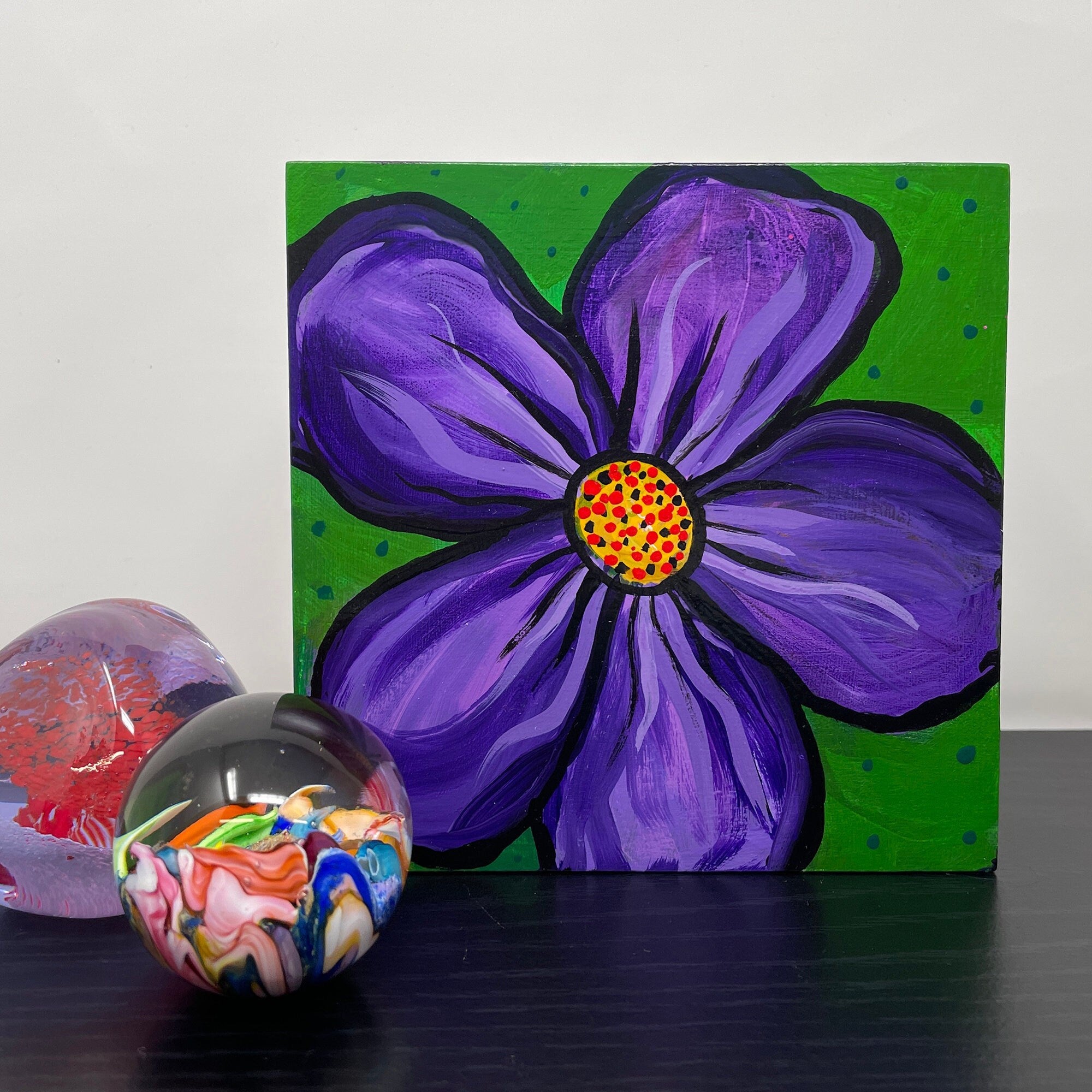 Purple Flower Painting - Purple and Green Small Square Art - 5x5 Inches - Ready to Hang