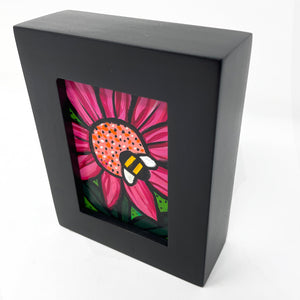 Mini Bumblebee Flower Painting - Framed Bumble Bee Art for Desk, Shelf, or Wall - Honey Bee, Insect, Pollinator, Bug - Happy Art