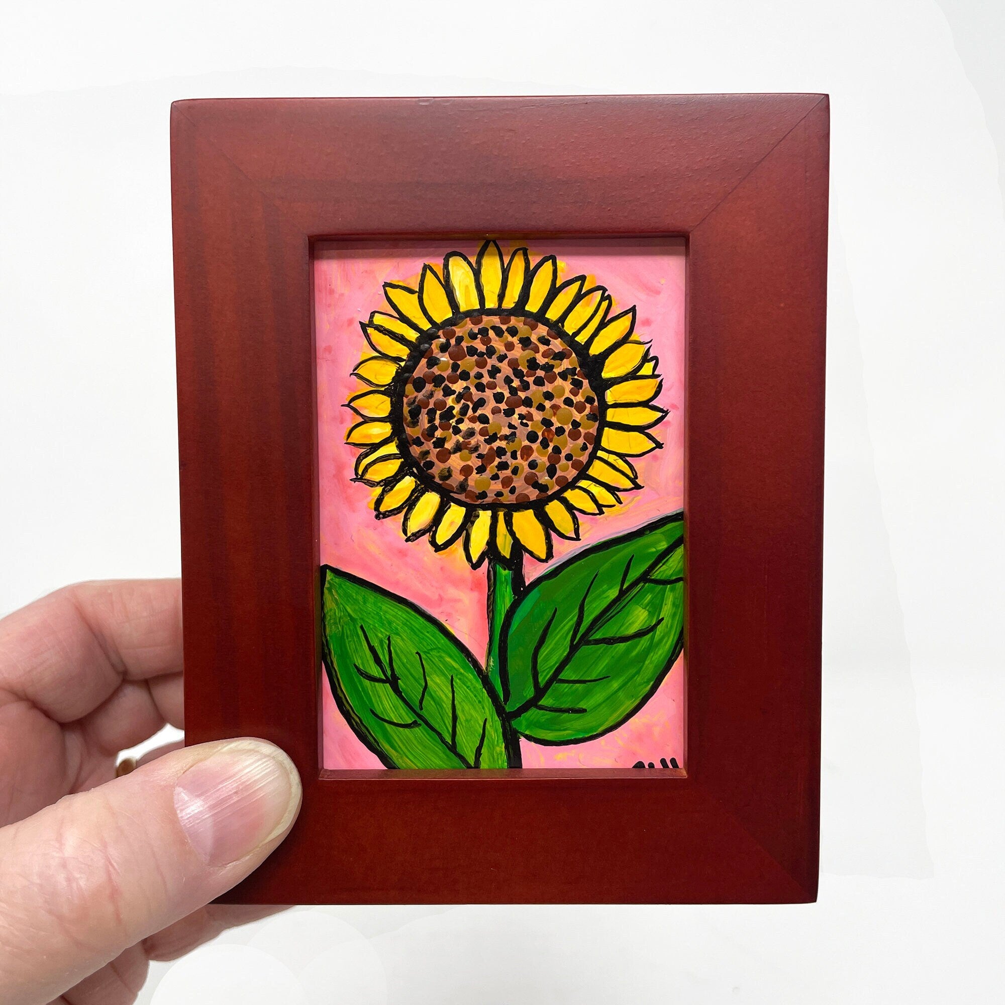 Mini Sunflower Painting - Tiny Sun Flower Still Life - Framed Abstract Flower Art for Desk, Shelf, Wall - Colorful Original