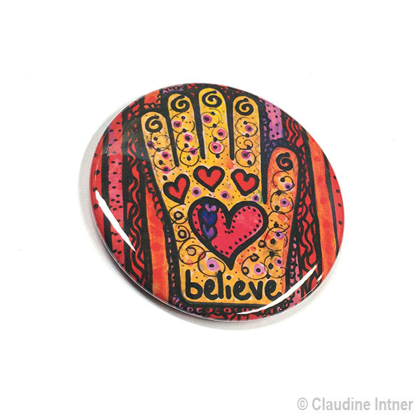 Believe Hamsa Magnet, Mirror, or Pin - Heart in Hand