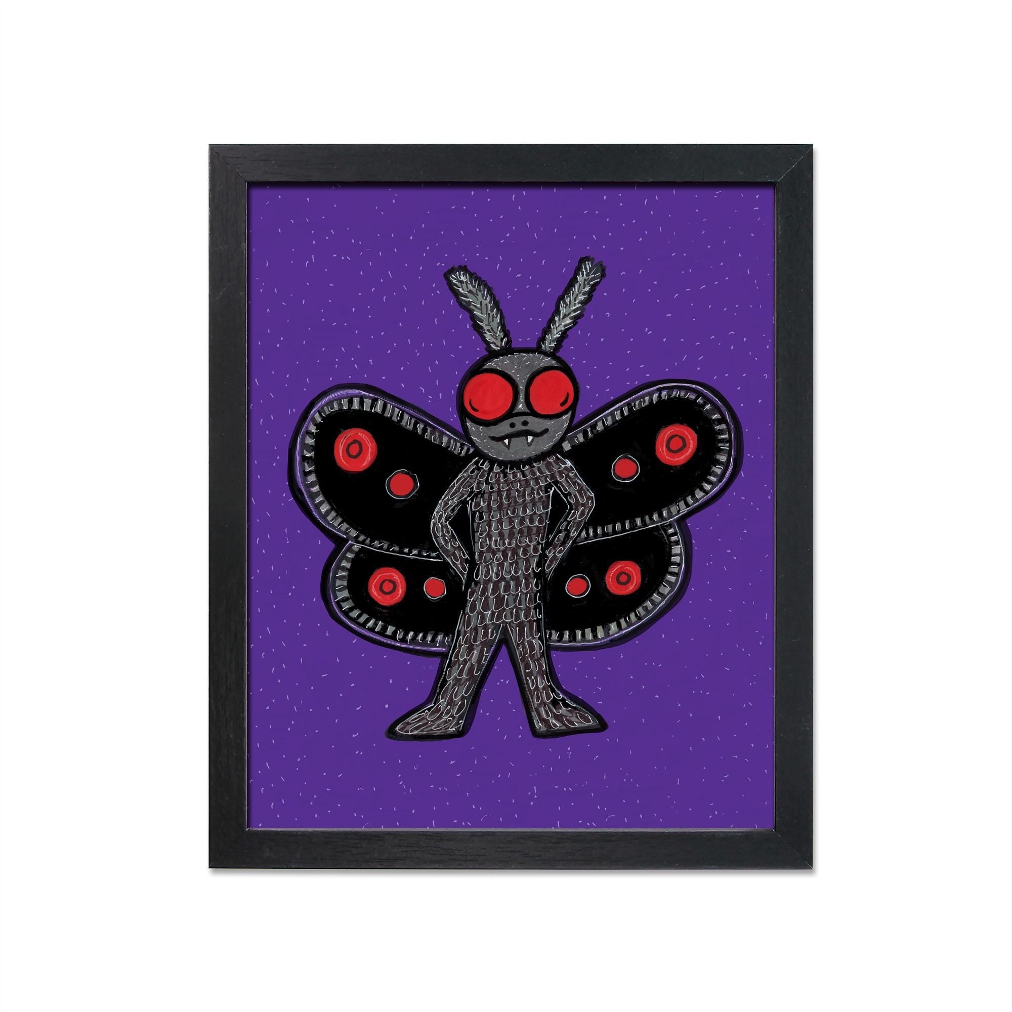 Mothman Art Print in a black frame - hand drawn humanoid body with hands on hips and black wings with red circles. Mothman has large red eyes and moth antennas. The background is purple with dots.