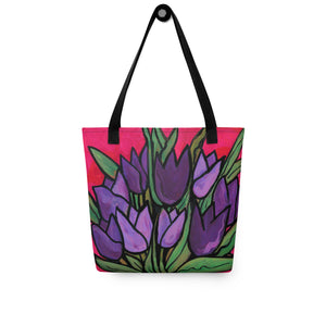 Purple Tulip Passion Tote Bag hanging on hook against white background