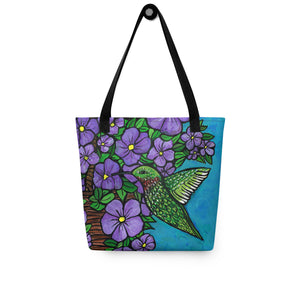 Hummingbird Tote Bag hanging on peg