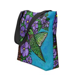 side view of Hummingbird Tote Bag with black handles