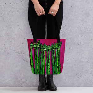 Woman in black holding asparagus tote bag