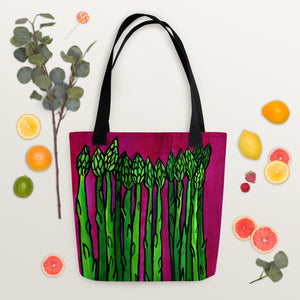 Asparagus tote bag on white background with fruit slices and tree branches